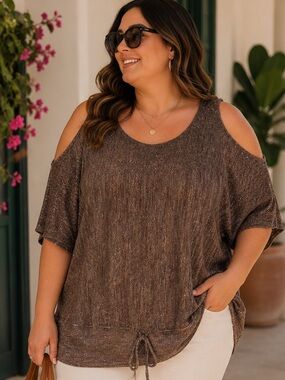 Roz & Ali Metallic Cold Shoulder Sweater | Shimmer Knit Casual Luxe Top 1X